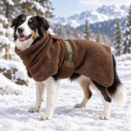 Sherpa fleece dog coat for winter featuring adjustable fit and leash opening, perfect for keeping pets warm during outdoor activities. 1