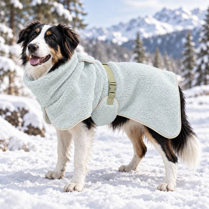 Sherpa fleece dog coat for winter featuring adjustable fit and leash opening, perfect for keeping pets warm during outdoor activities. 10