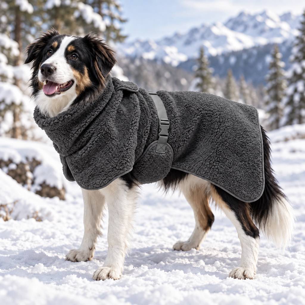 Sherpa fleece dog coat for winter featuring adjustable fit and leash opening, perfect for keeping pets warm during outdoor activities. 12