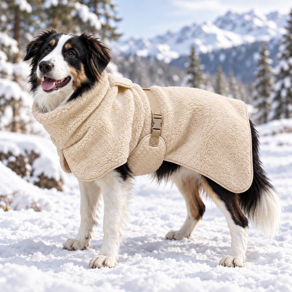 Sherpa fleece dog coat for winter featuring adjustable fit and leash opening, perfect for keeping pets warm during outdoor activities. 13