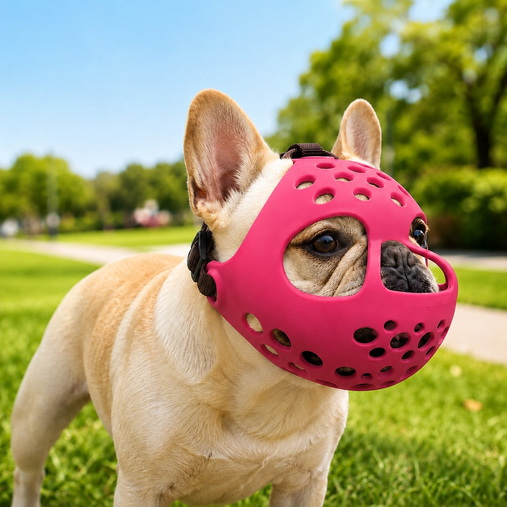 Short-snout dog muzzle designed for French Bulldogs, featuring a breathable anti-scavenging design, adjustable fit, and made from soft flexible material for comfort 0