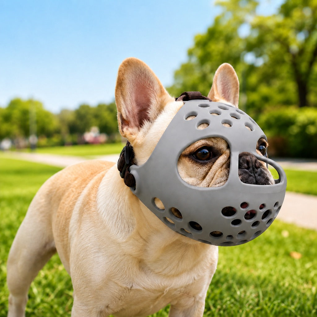 Short-snout dog muzzle designed for French Bulldogs, featuring a breathable anti-scavenging design, adjustable fit, and made from soft flexible material for comfort 1