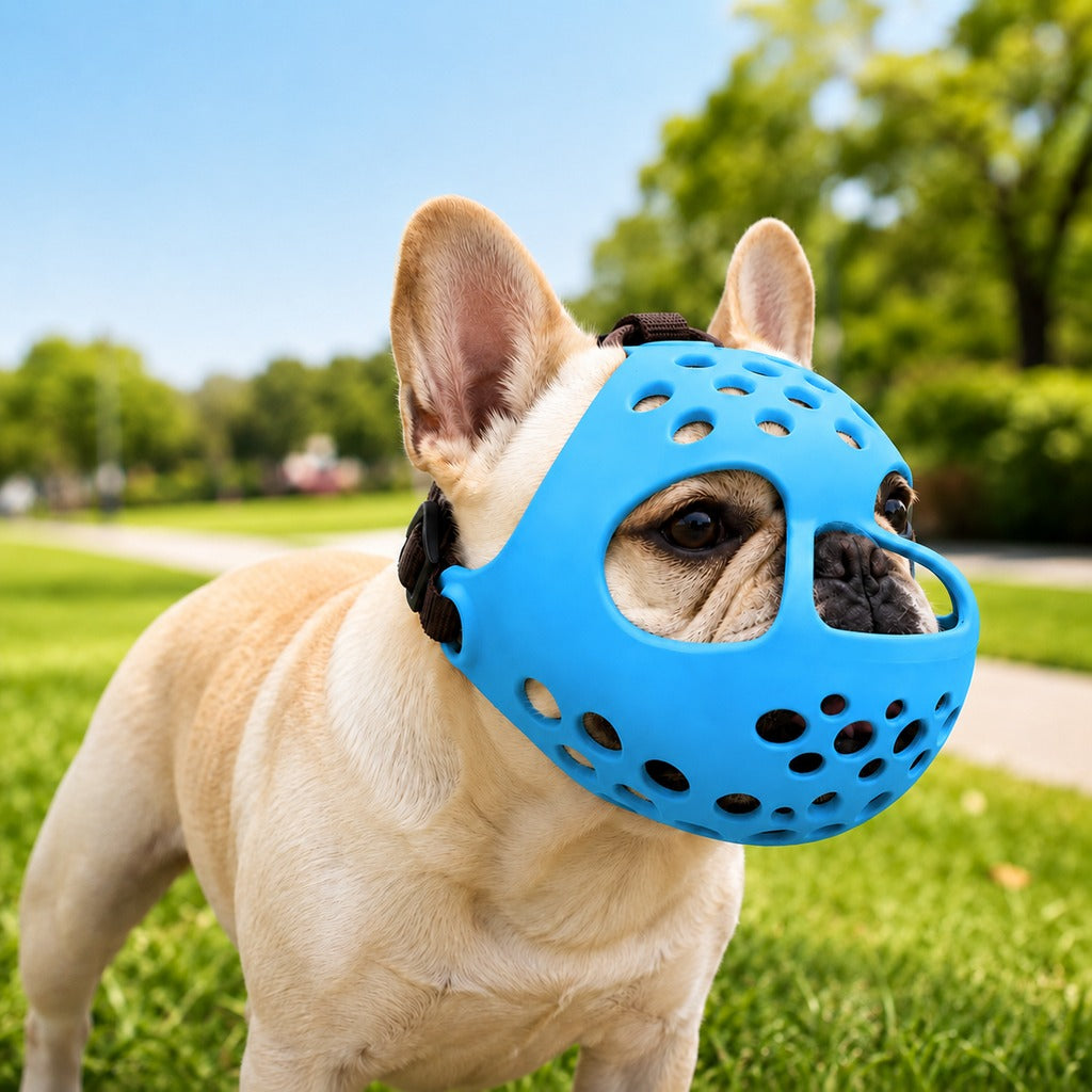 Short-snout dog muzzle designed for French Bulldogs, featuring a breathable anti-scavenging design, adjustable fit, and made from soft flexible material for comfort 10
