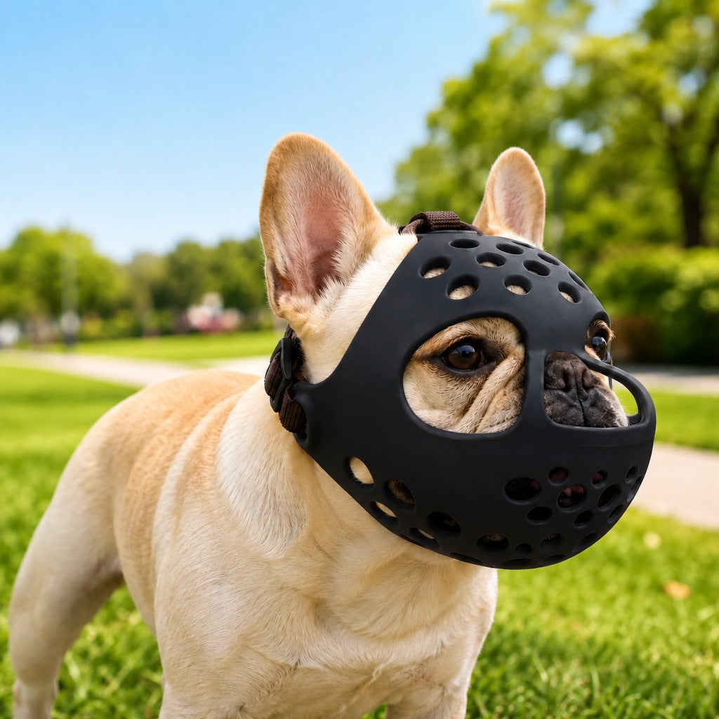 Short-snout dog muzzle designed for French Bulldogs, featuring a breathable anti-scavenging design, adjustable fit, and made from soft flexible material for comfort 11