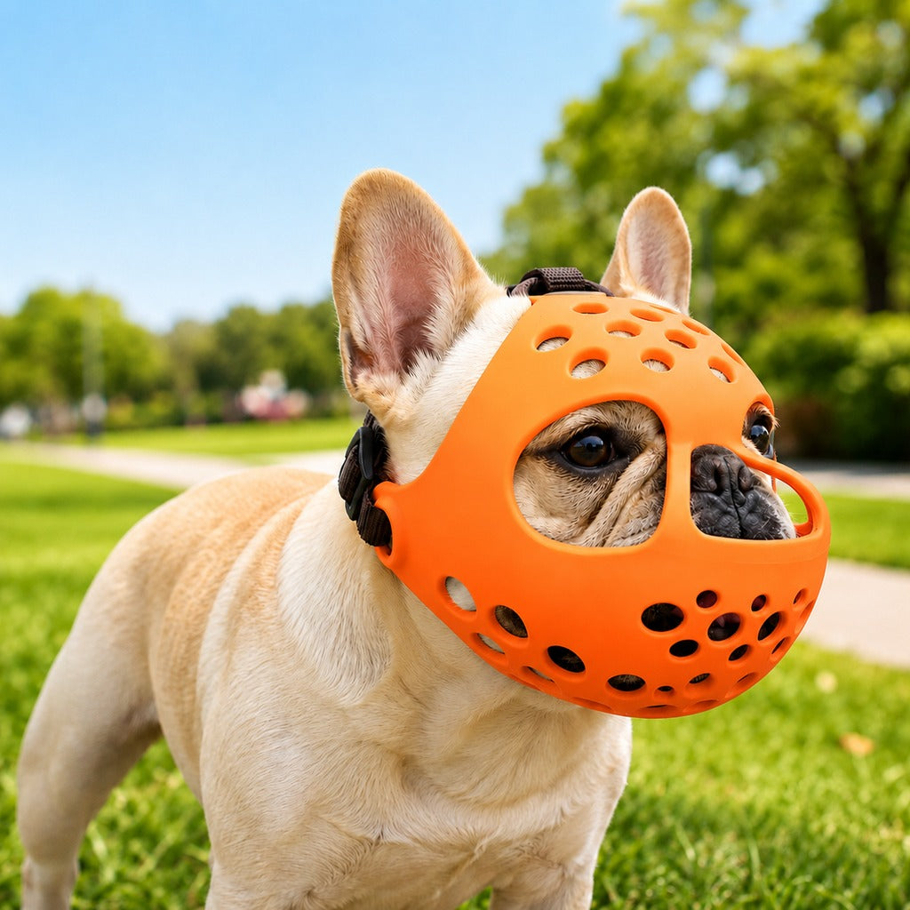 Short-snout dog muzzle designed for French Bulldogs, featuring a breathable anti-scavenging design, adjustable fit, and made from soft flexible material for comfort 9