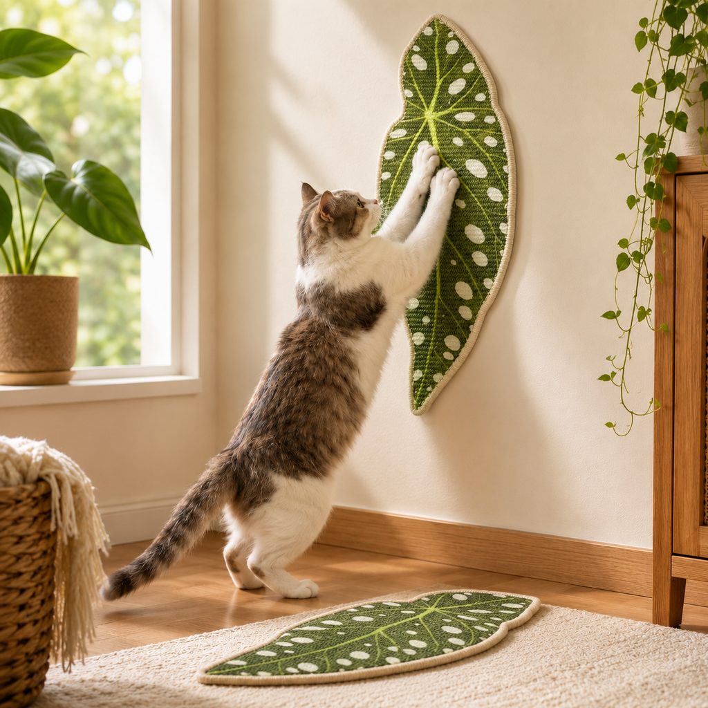 Sisal cat scratcher mat featuring a botanical design, perfect for wall and floor use, providing a versatile indoor scratching solution for cats. 0