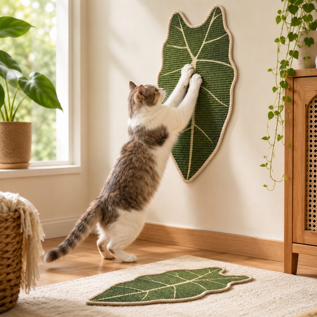 Sisal cat scratcher mat featuring a botanical design, perfect for wall and floor use, providing a versatile indoor scratching solution for cats. 1