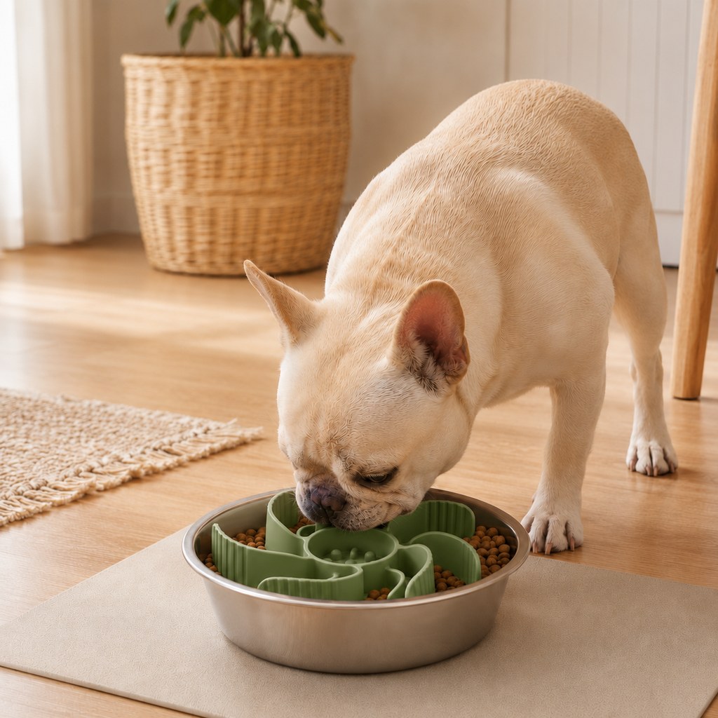 Slow feeder dog bowl insert with adjustable fit and stainless steel bowl, designed to promote slow eating for dogs and cats, featuring an engaging maze pattern for mental 1