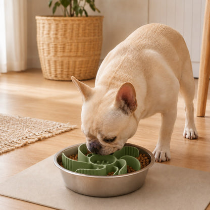 Slow feeder dog bowl insert with adjustable fit and stainless steel bowl, designed to promote slow eating for dogs and cats, featuring an engaging maze pattern for mental 1