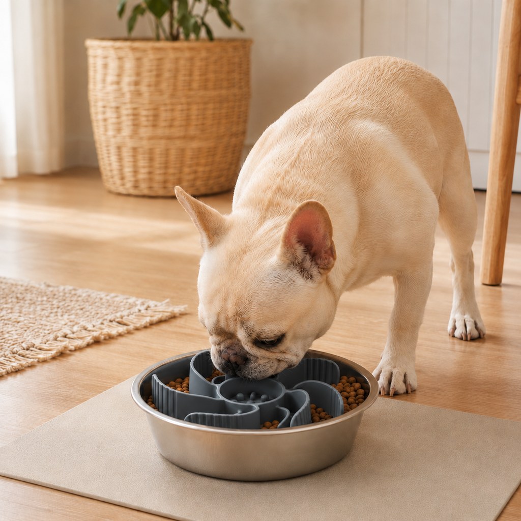 Slow feeder dog bowl insert with adjustable fit and stainless steel bowl, designed to promote slow eating for dogs and cats, featuring an engaging maze pattern for mental 11