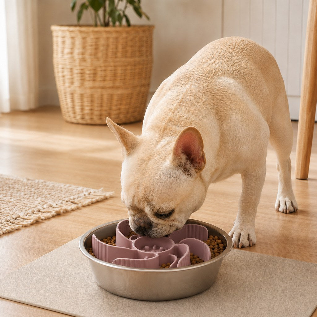Slow feeder dog bowl insert with adjustable fit and stainless steel bowl, designed to promote slow eating for dogs and cats, featuring an engaging maze pattern for mental 12