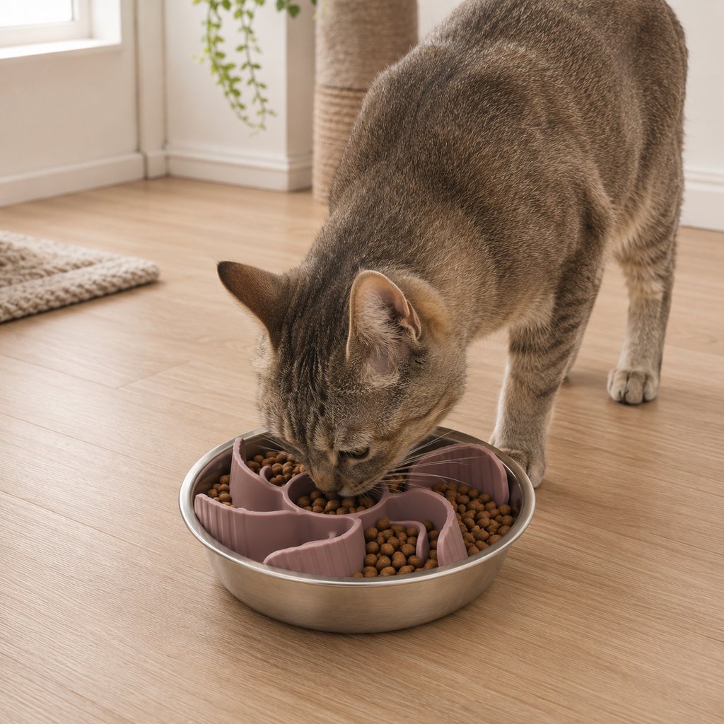 Slow feeder dog bowl insert with adjustable fit and stainless steel bowl, designed to promote slow eating for dogs and cats, featuring an engaging maze pattern for mental 2