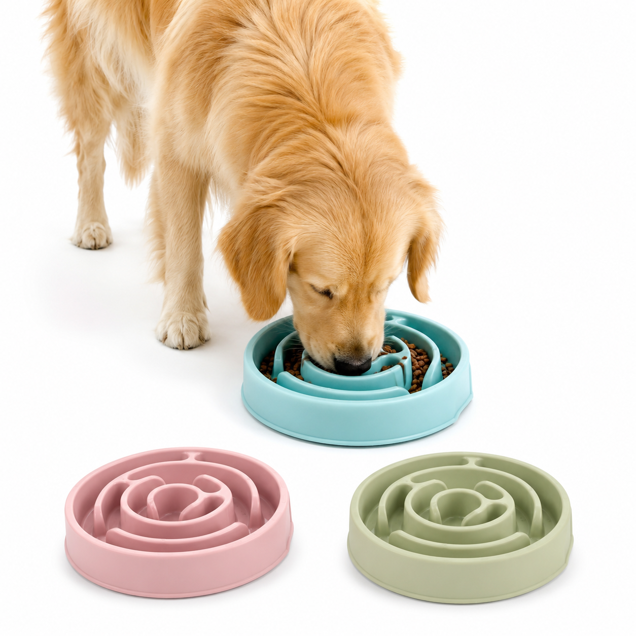 Slow feeder dog bowl with non-slip base featuring a maze design that promotes healthy eating habits and mental stimulation for pets. 1