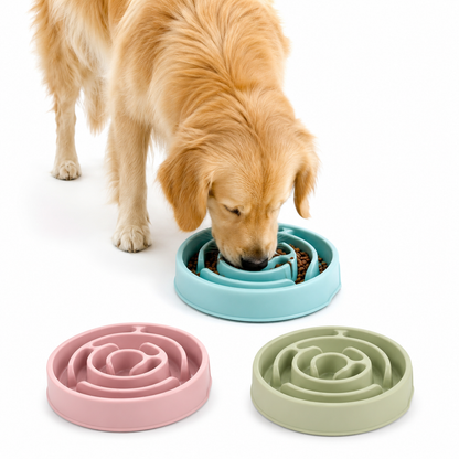Slow feeder dog bowl with non-slip base featuring a maze design that promotes healthy eating habits and mental stimulation for pets. 1