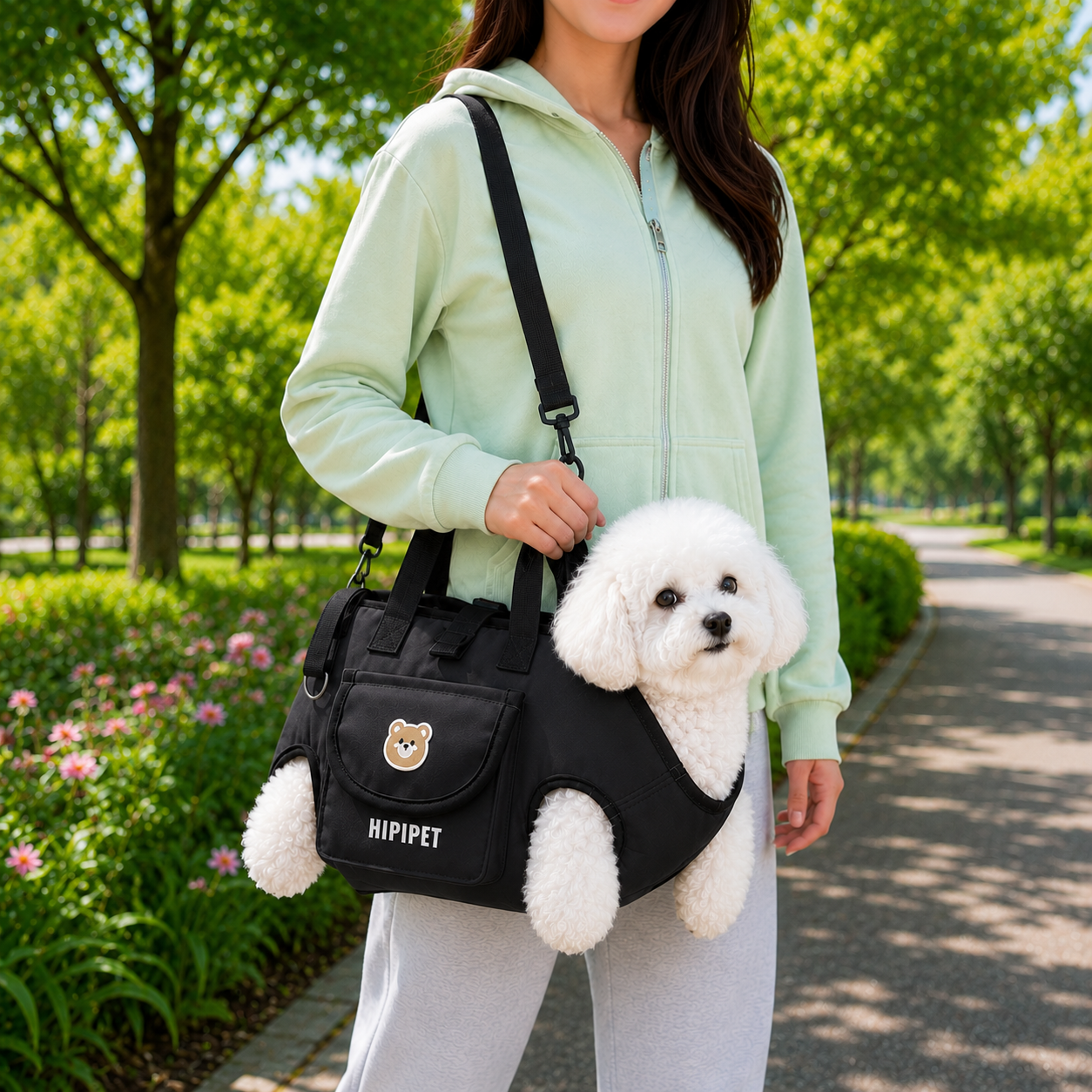 Small dog carrier bag with adjustable strap and supportive design, perfect for hands-free travel with your pet. 0