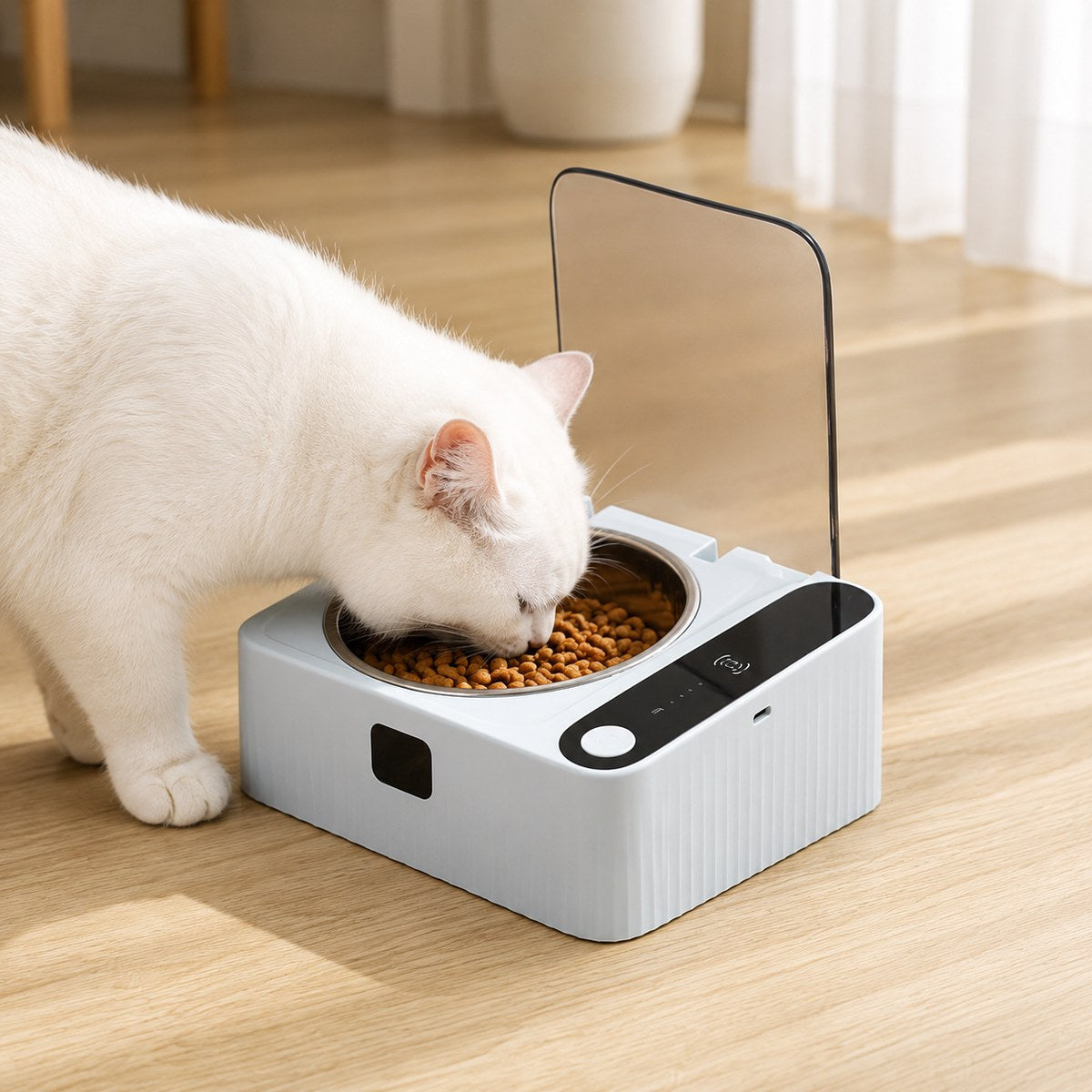 Smart Motion Sensor Pet Bowl with Auto Lid and Tilted Design in Stainless Steel, Light Blue-Gray, perfect for keeping pet food fresh and accessible. 0