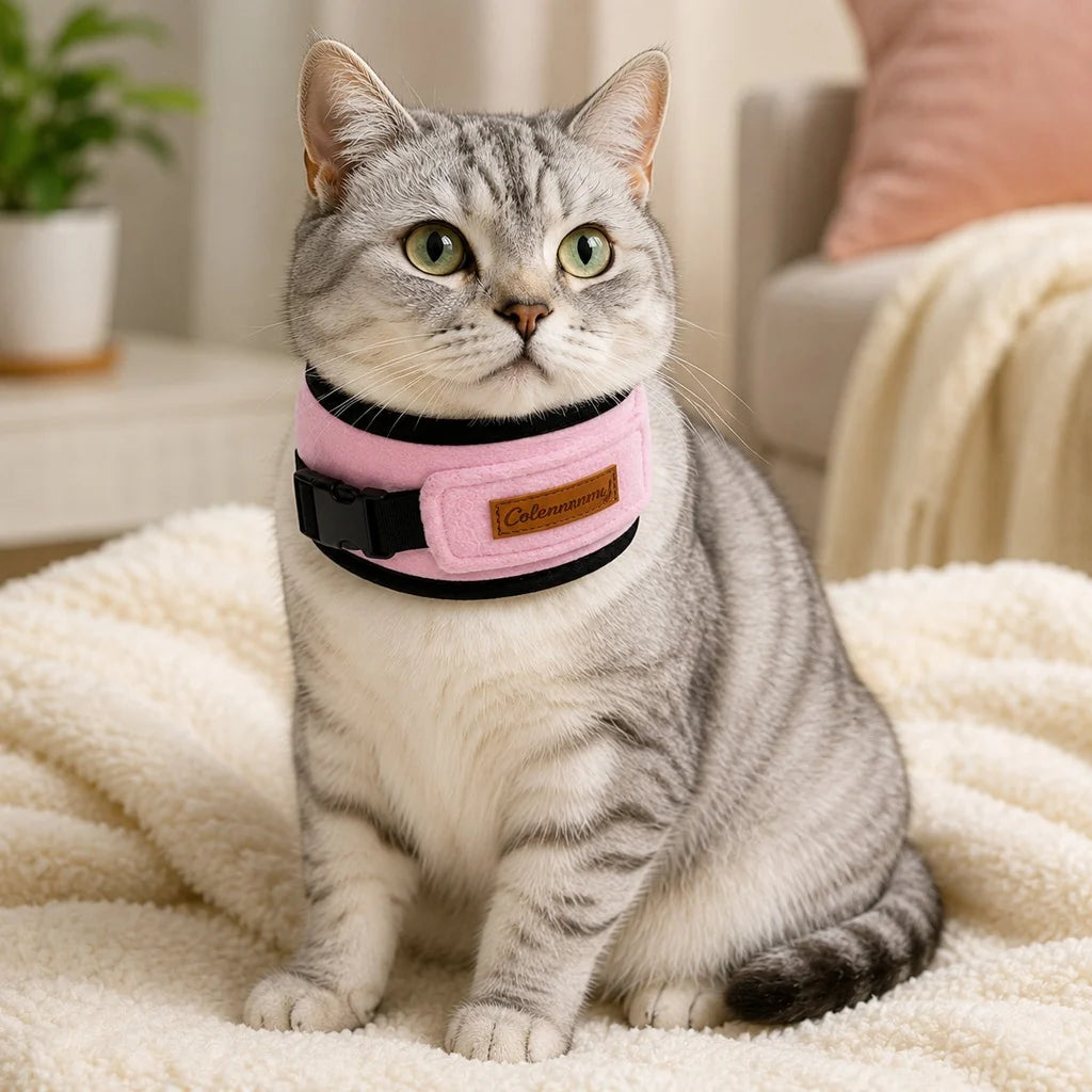 Soft Cat Recovery Collar featuring adjustable fleece padding, designed for post-surgery care to prevent licking and ensure comfort. 0