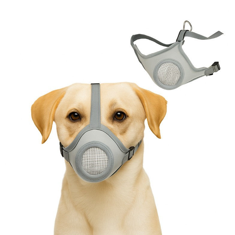 Soft dog muzzle designed for comfort and breathability, featuring an adjustable basket style in light gray and cream fabric, perfect for safely managing your dog's behavior. 1