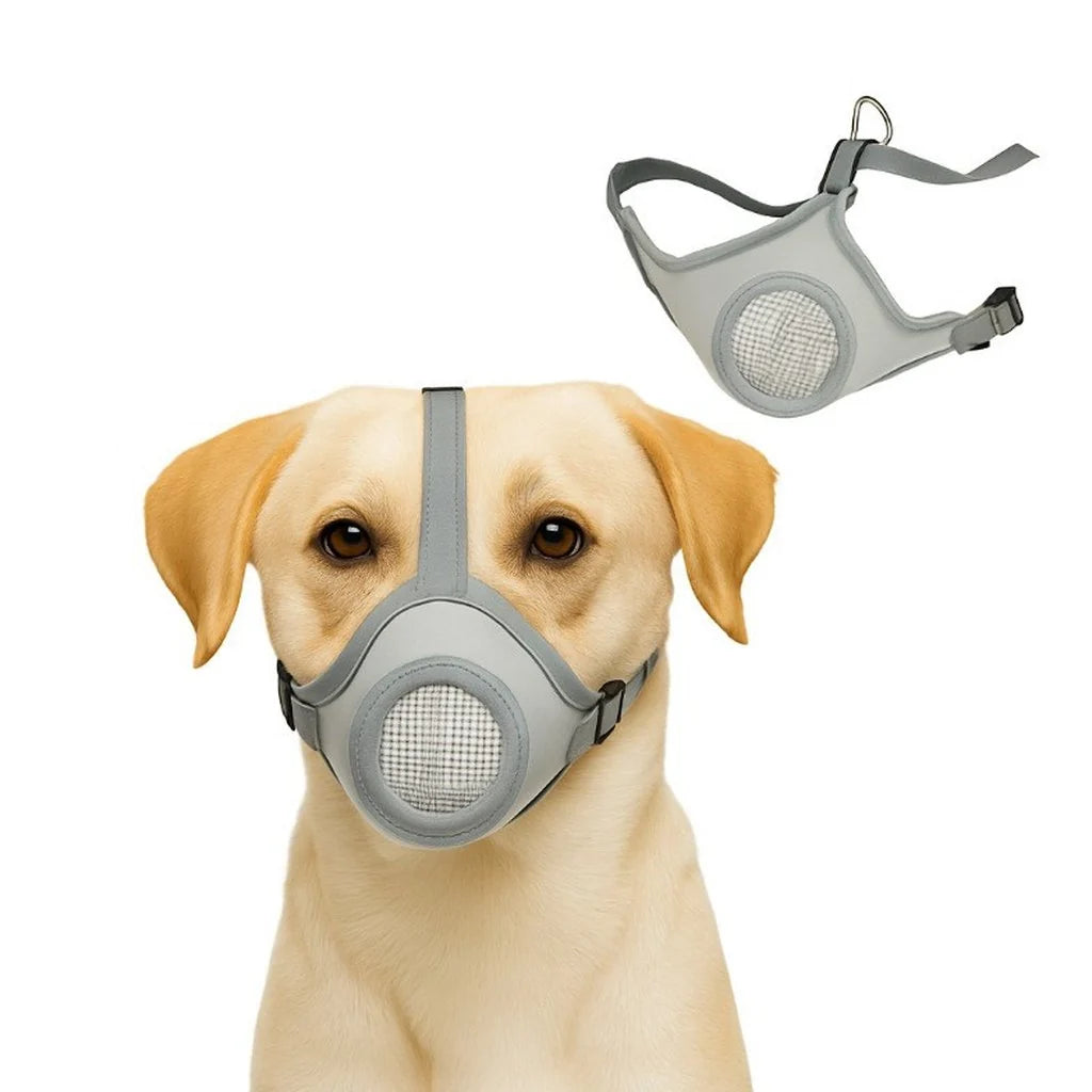 Soft mesh dog muzzle in light gray, adjustable design for safe walks and grooming, ensuring comfort and security for dogs. 0