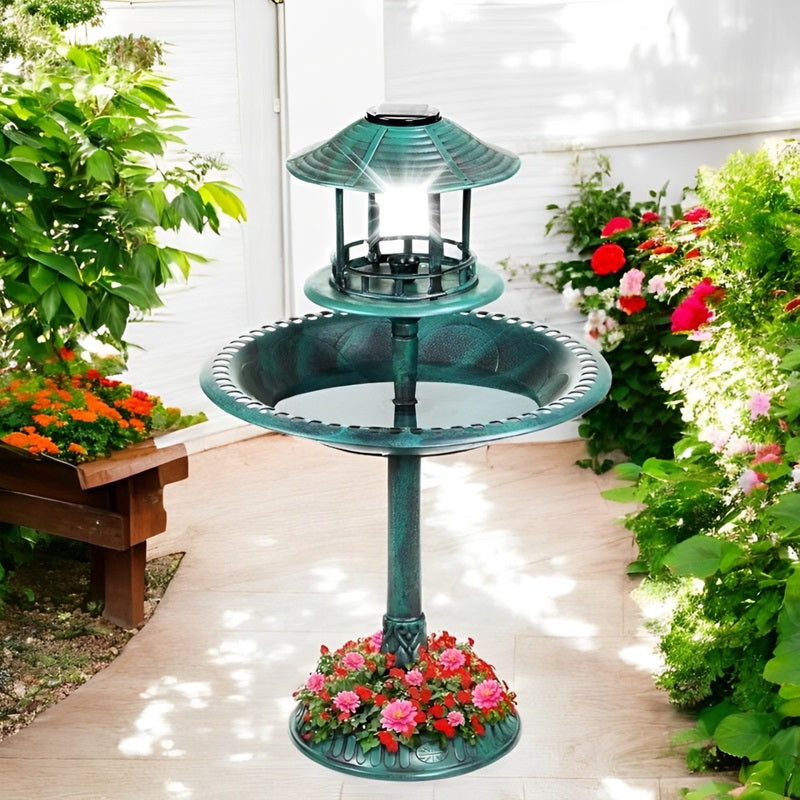 Solar Bird Bath Fountain with Planter and LED Light – Durable Resin Outdoor Decor for Garden 0