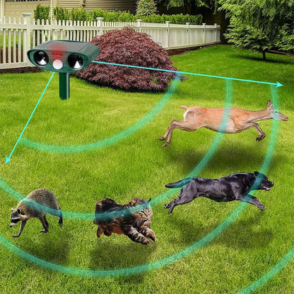 Solar Ultrasonic Animal Repeller with Motion Sensor, eco-friendly pest deterrent designed for gardens and patios, featuring a sleek design and effective motion detection technology 0
