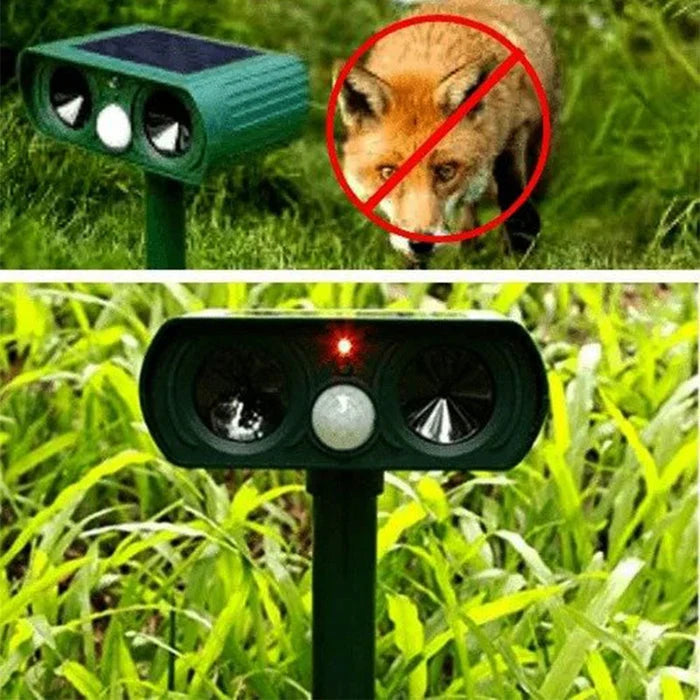 Solar Ultrasonic Animal Repeller with Motion Sensor, eco-friendly pest deterrent designed for gardens and patios, featuring a sleek design and effective motion detection technology 1