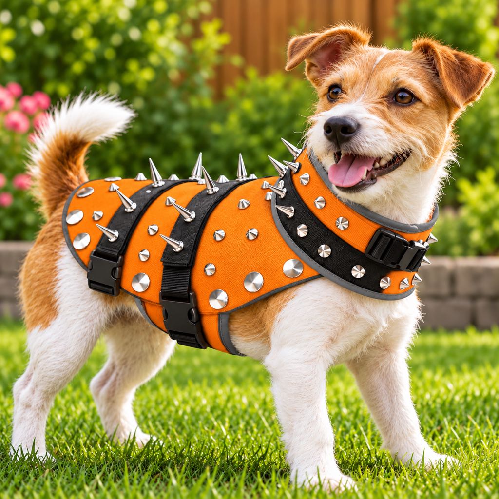 Spiked dog vest with adjustable neck guard, designed for small dogs, featuring breathable mesh fabric for comfort and extra coverage. 0