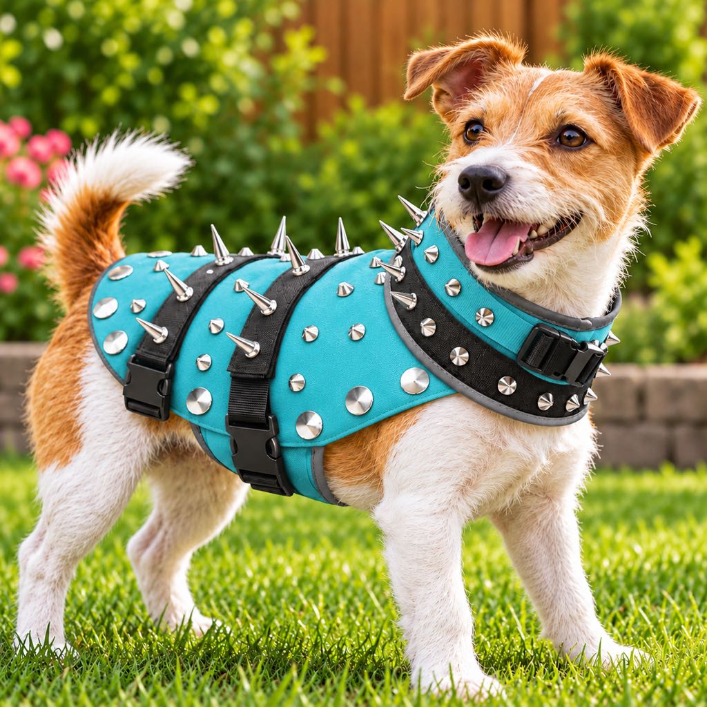 Spiked dog vest with adjustable neck guard, designed for small dogs, featuring breathable mesh fabric for comfort and extra coverage. 8