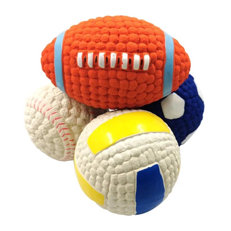 Squeaky Dog Toy Ball for Active Play and Dental Care – Soft Latex, Various Sports Designs, Ideal for All Dogs 1