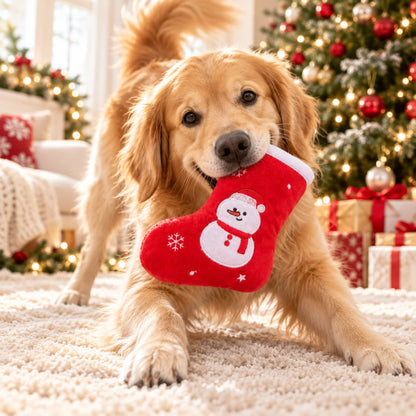 Squeaky dog toy in a festive Christmas stocking design, perfect for interactive play and holiday fun for pets. 2