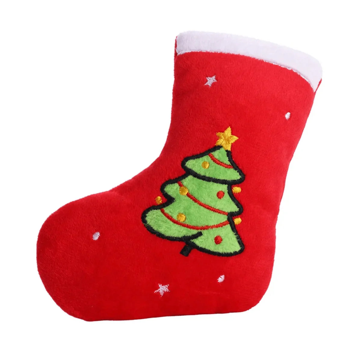 Squeaky dog toy in a festive Christmas stocking design, perfect for interactive play and holiday fun for pets. 5