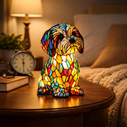Stained Glass Dog Table Lamp featuring a colorful design and soft LED light, perfect for adding a unique touch to your bedroom decor, crafted from durable resin 2