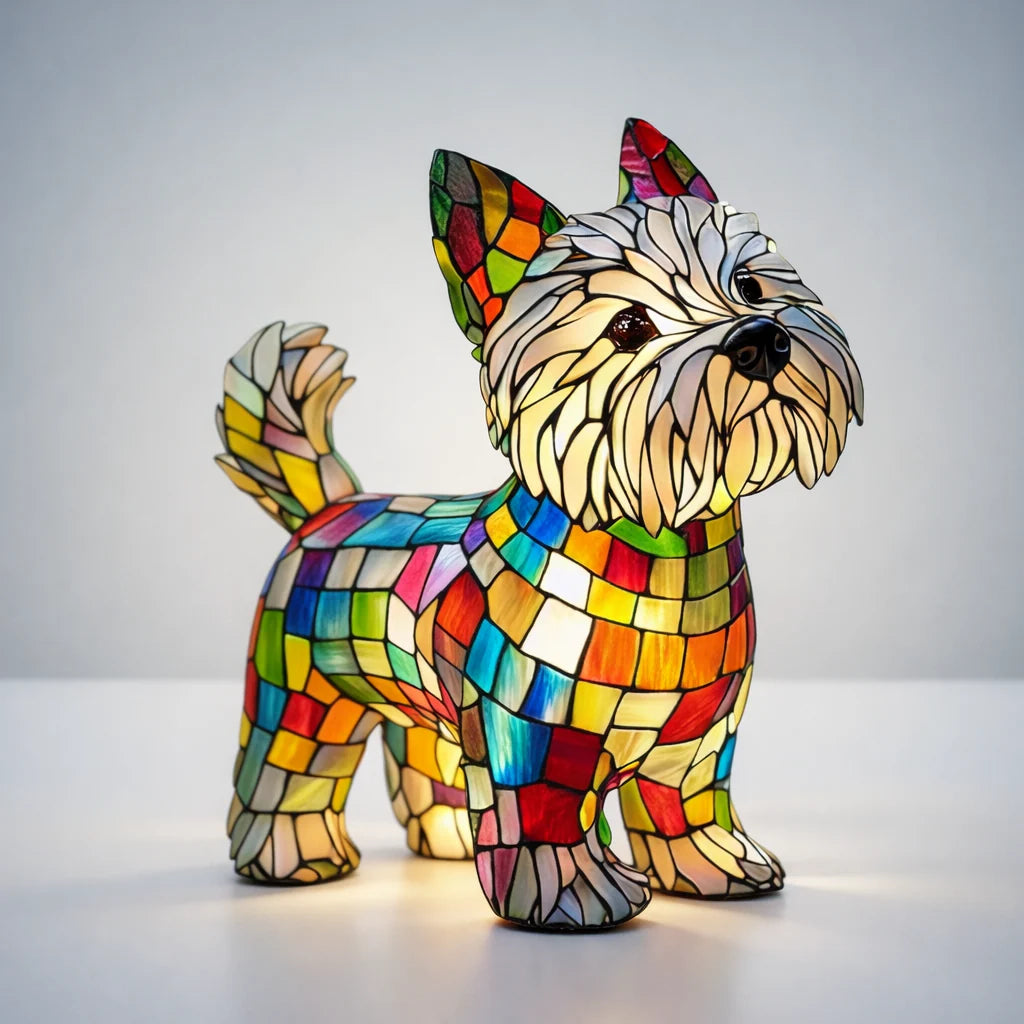 Stained Glass Dog Table Lamp featuring a colorful design and soft LED light, perfect for adding a unique touch to your bedroom decor, crafted from durable resin 4