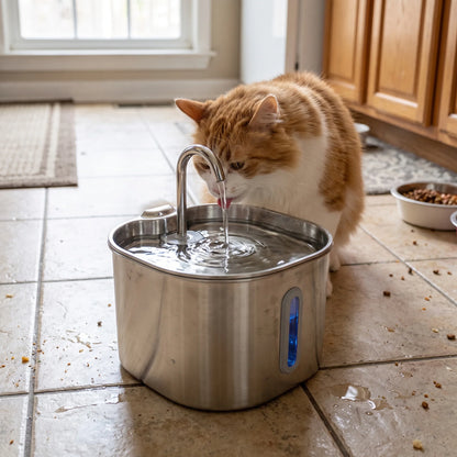 Stainless steel cat water fountain featuring a quiet pump, designed for pets, with a 2.2L capacity suitable for both cats and dogs. 1