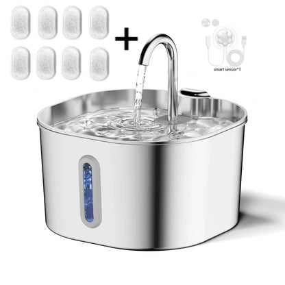 Stainless steel cat water fountain featuring a quiet pump, designed for pets, with a 2.2L capacity suitable for both cats and dogs. 2