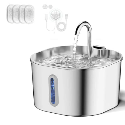 Stainless steel cat water fountain featuring a quiet pump, designed for pets, with a 2.2L capacity suitable for both cats and dogs. 3