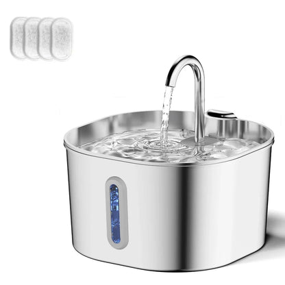 Stainless steel cat water fountain featuring a quiet pump, designed for pets, with a 2.2L capacity suitable for both cats and dogs. 4