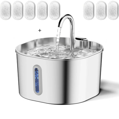 Stainless steel cat water fountain featuring a quiet pump, designed for pets, with a 2.2L capacity suitable for both cats and dogs. 5