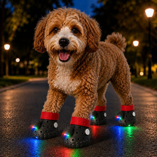 Step-Activated Light-Up Dog Boots featuring RGB flashing lights for enhanced visibility during night walks, designed for paw protection with durable EVA material. 0