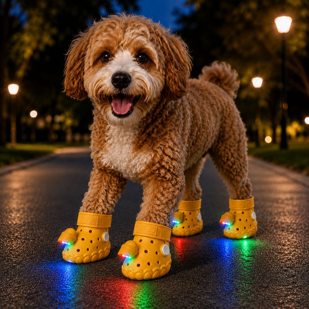 Step-Activated Light-Up Dog Boots featuring RGB flashing lights for enhanced visibility during night walks, designed for paw protection with durable EVA material. 1