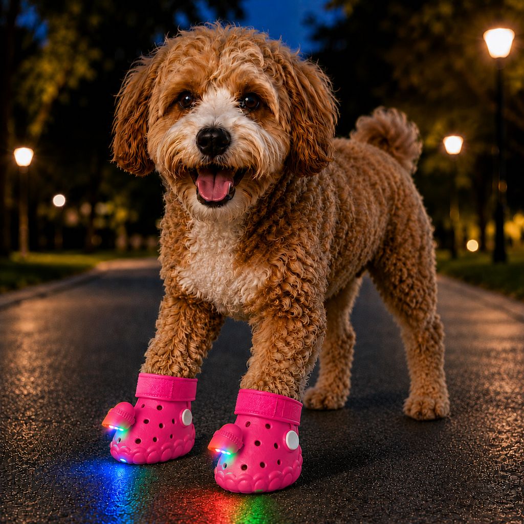 Step-Activated Light-Up Dog Boots featuring RGB flashing lights for enhanced visibility during night walks, designed for paw protection with durable EVA material. 10