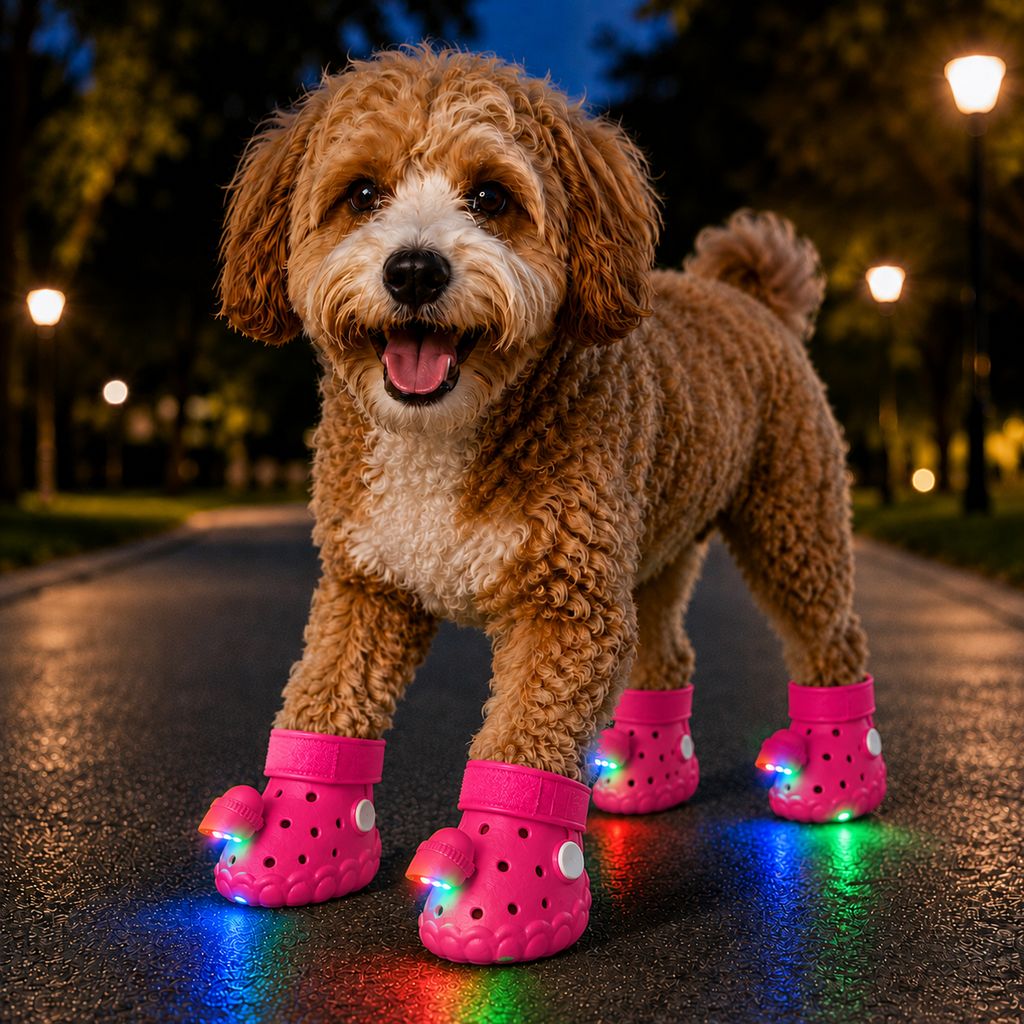 Step-Activated Light-Up Dog Boots featuring RGB flashing lights for enhanced visibility during night walks, designed for paw protection with durable EVA material. 12