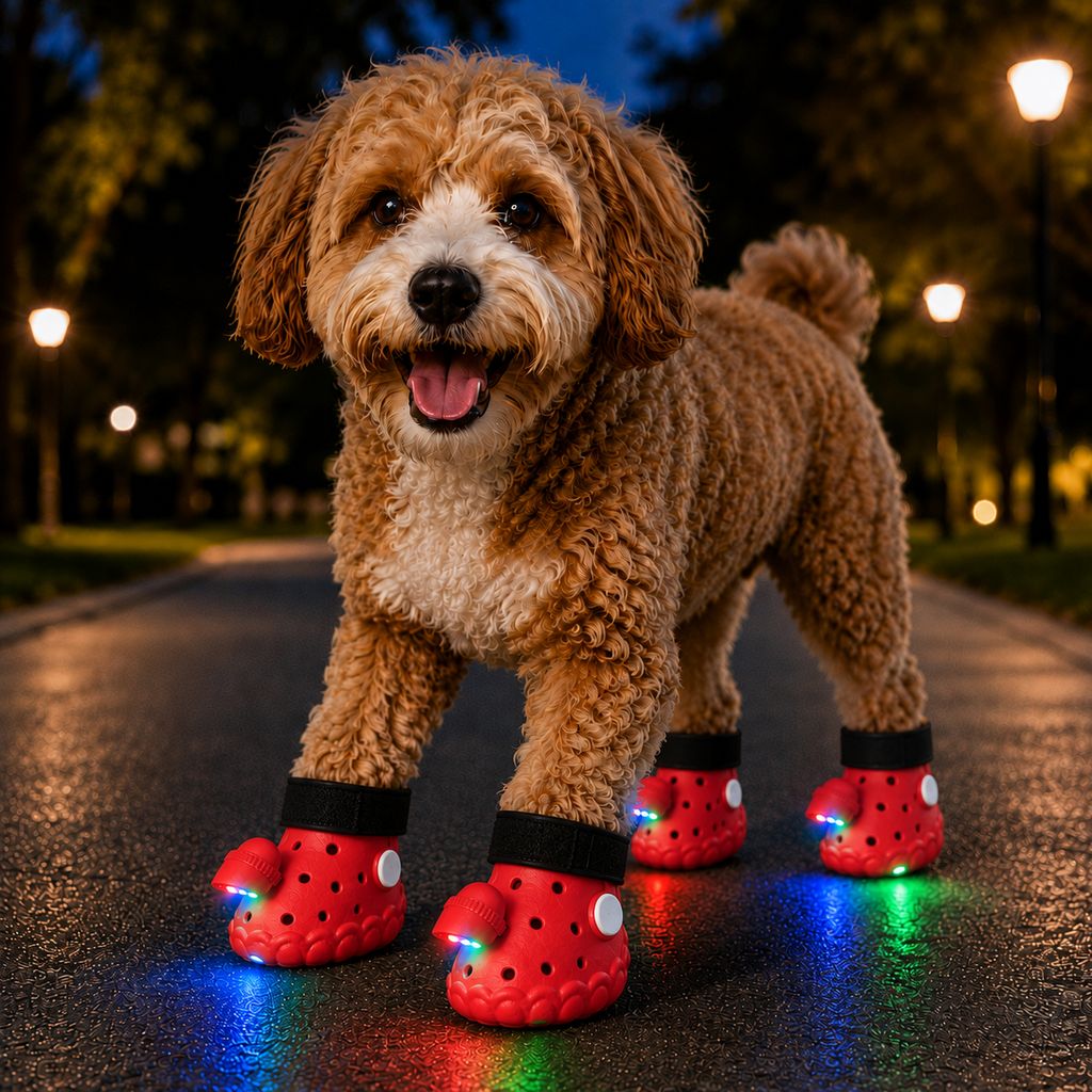 Step-Activated Light-Up Dog Boots featuring RGB flashing lights for enhanced visibility during night walks, designed for paw protection with durable EVA material. 13