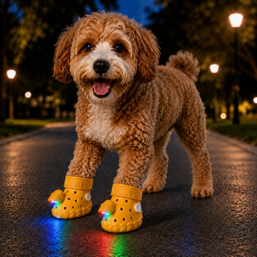 Step-Activated Light-Up Dog Boots featuring RGB flashing lights for enhanced visibility during night walks, designed for paw protection with durable EVA material. 9
