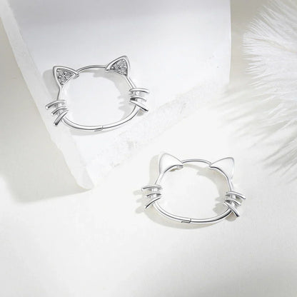 Sterling silver cat-ear hoop earrings featuring a hinged snap closure, crafted from hypoallergenic 925 silver for comfortable wear. 2