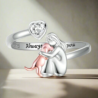 Sterling silver adjustable dog ring featuring a heart-cut zirconia, perfect emotional jewelry for dog lovers. 0