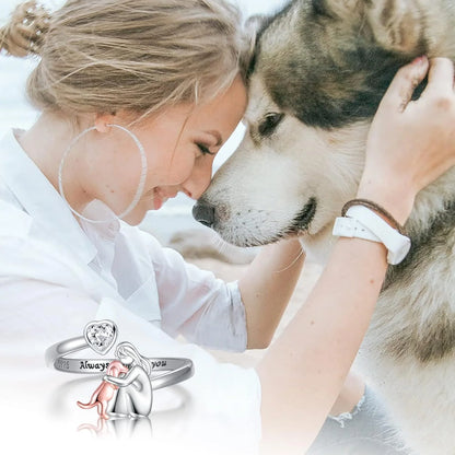 Sterling silver adjustable dog ring featuring a heart-cut zirconia, perfect emotional jewelry for dog lovers. 1