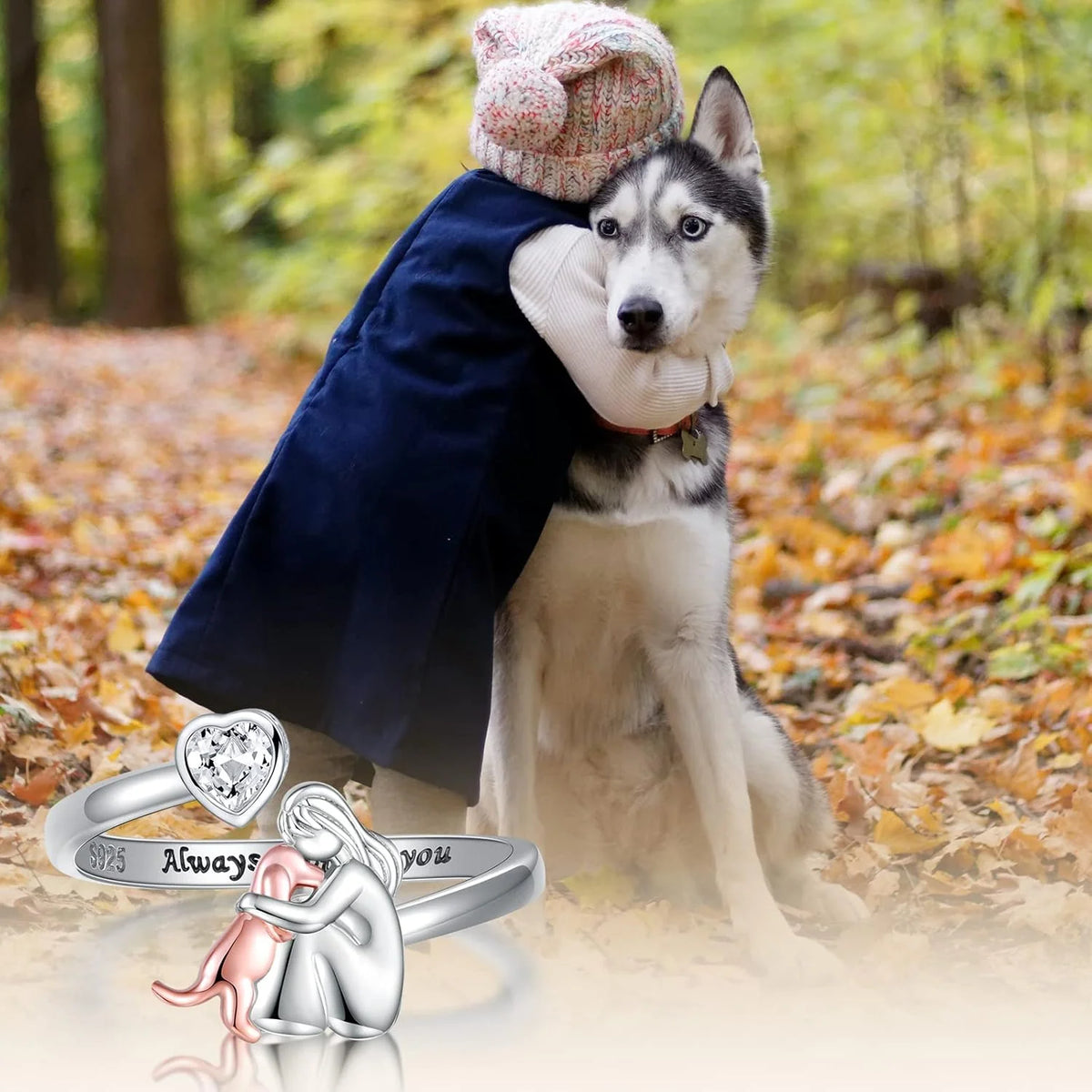 Sterling silver adjustable dog ring featuring a heart-cut zirconia, perfect emotional jewelry for dog lovers. 2
