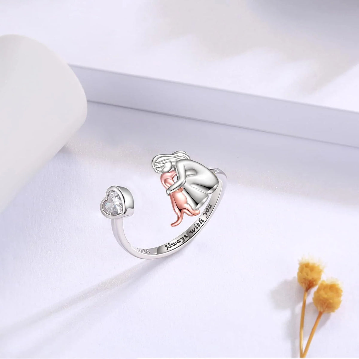 Sterling silver adjustable dog ring featuring a heart-cut zirconia, perfect emotional jewelry for dog lovers. 3