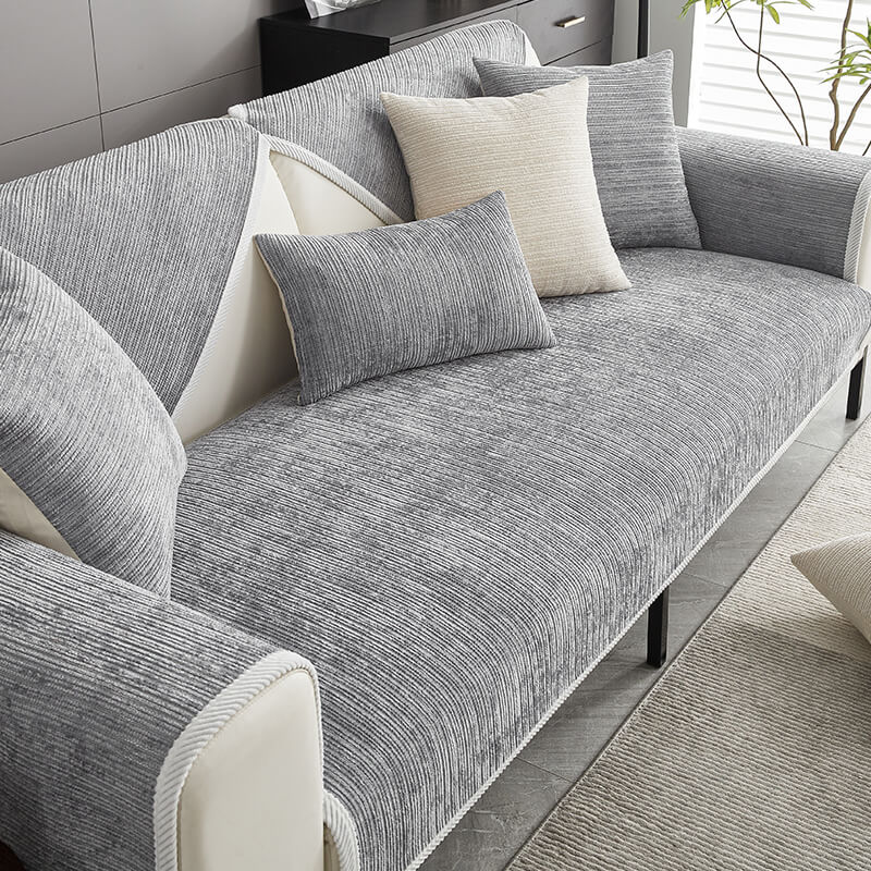 Stylish Anti-Scratch Sofa Cover – Washable Chenille Couch Cover for Dogs with Anti-Slip Design, Elegant Stripe Pattern 0
